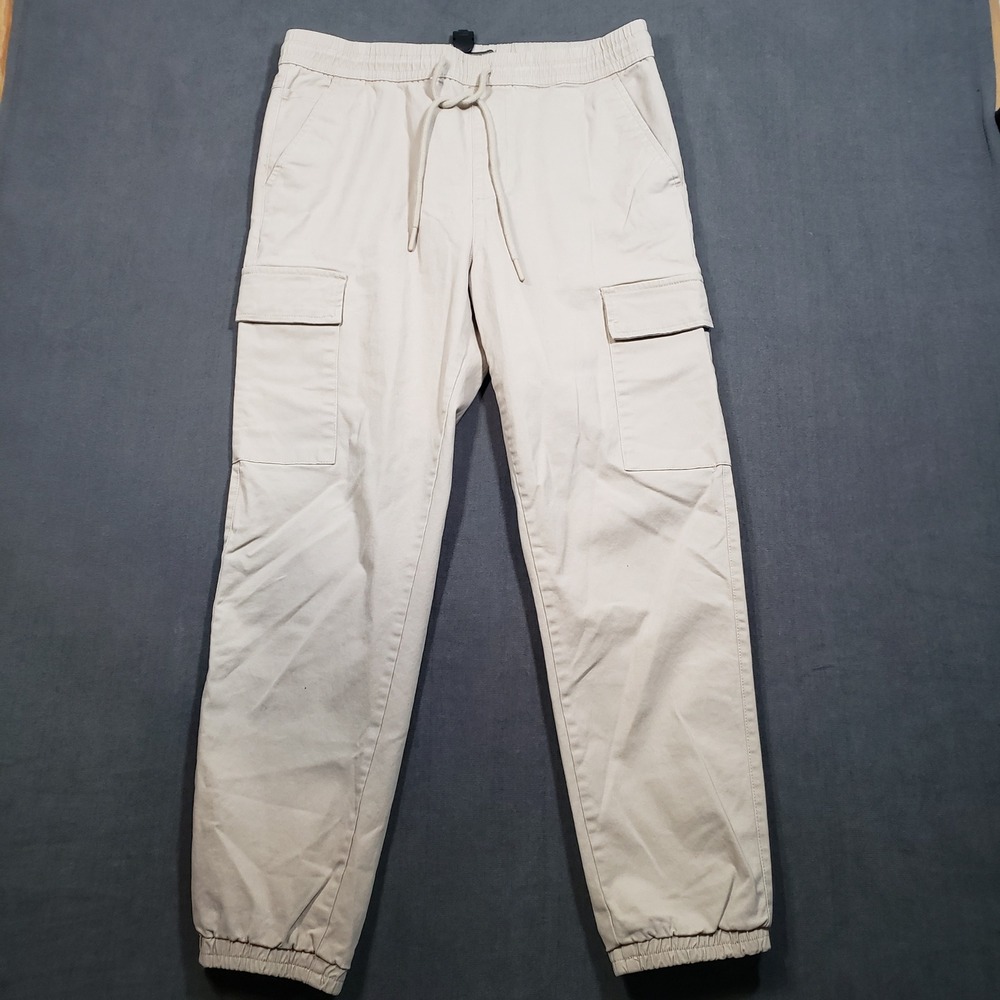 Forever 21 Cargo Jogger Pants Mens Large Beige Cotton Blend Stretch Drawstring